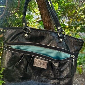 Coach Black Leather Tote with Teal Accent